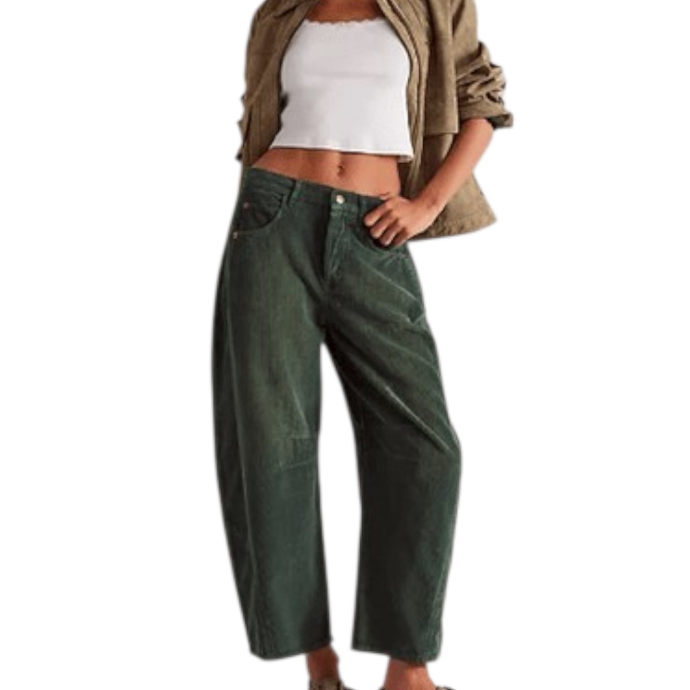 Free People Good Luck Barrel Corduroy Pants Cypress Green Wide Leg 31 NWOT